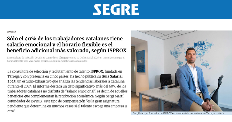 SEGRE – Sólo el 40% de los trabajadores catalanes tiene salario emocional y el horario flexible es el beneficio adicional más valorado, según ISPROX