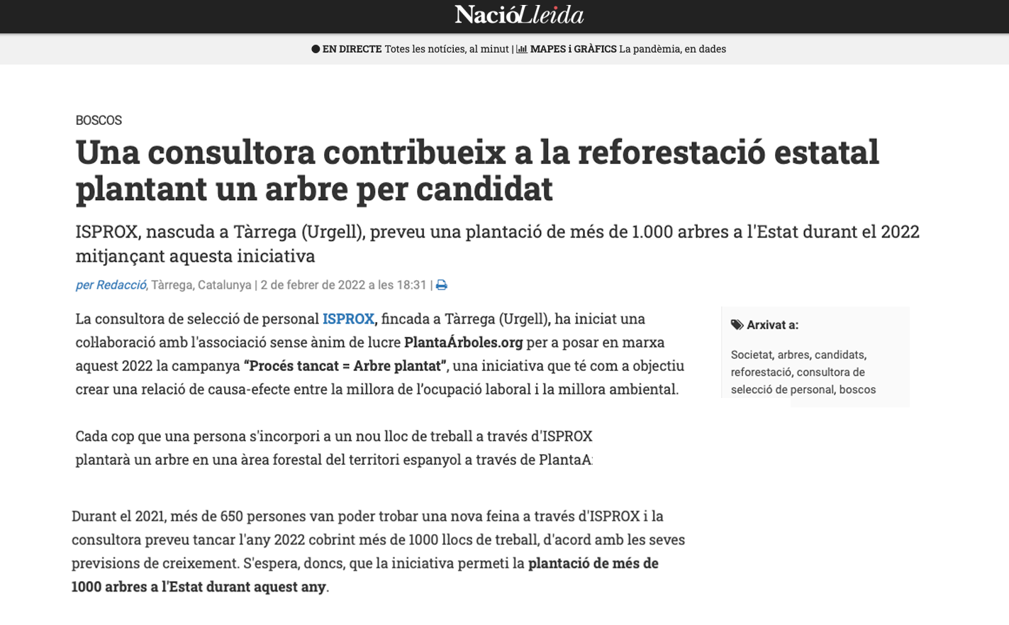 Nació Digital Lleida – Una consultora contribueix a la reforestació estatal plantant un arbre per candidat