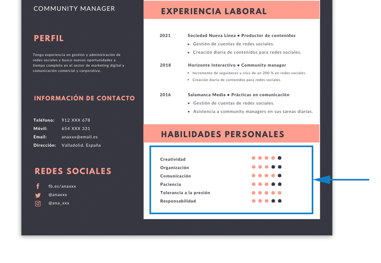 Imatge d'un CV amb Habilitats personals amb puntuacions