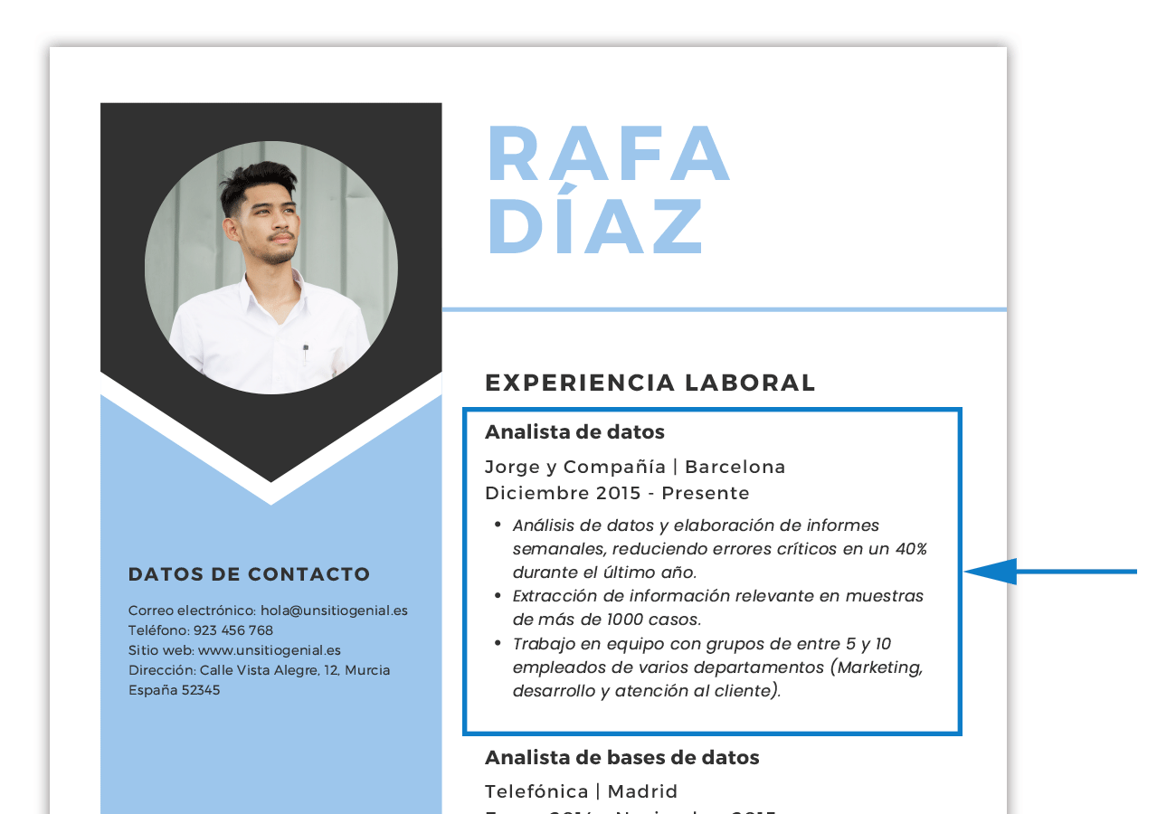 Imatge d'un CV amb  amb llista d'experiència laboral i habilitats