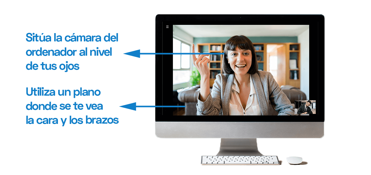 Imagen con Ejemplo del plano y mirar a la cámara para una entrevista de trabajo online exitosa
