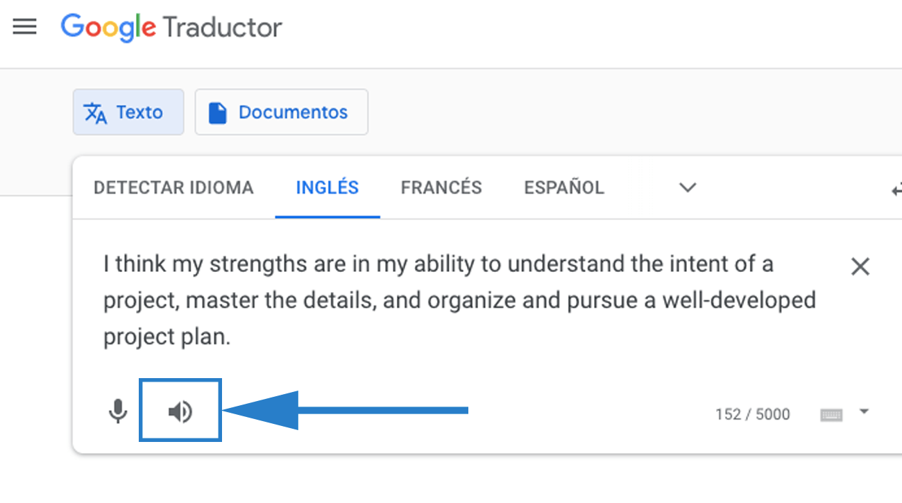 Imagen de ejemplo de Google Traductor para superar una entrevista en inglés