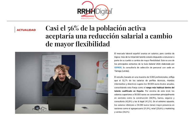RRHH Digital – Guía Salarial 2026: Casi el 56% de la población activa aceptaría una reducción salarial a cambio de mayor flexibilidad